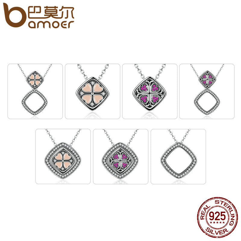 BAMOER Real 925 Sterling Silver Pink & Red Heart with Square DIY Pendant Necklaces Women Multifunctional Jewelry SCN055