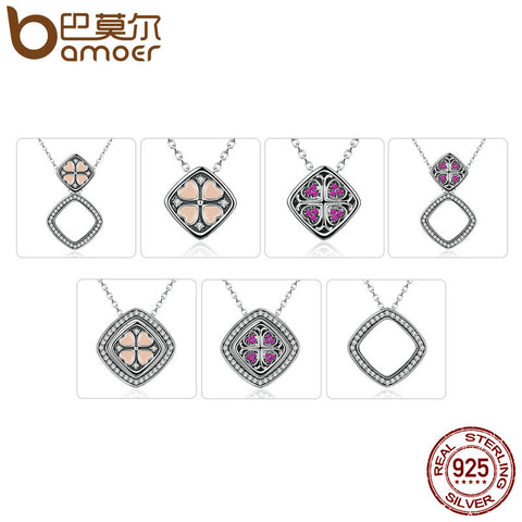 BAMOER Real 925 Sterling Silver Pink & Red Heart with Square DIY Pendant Necklaces Women Multifunctional Jewelry SCN055