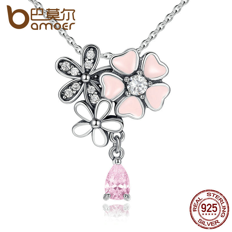 BAMOER Original 925 Sterling Silver Pink Heart Blossom Cherry Flower Pendants & Necklaces Women 45CM Kolye Jewelry SCN046