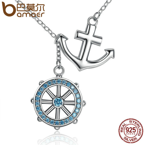 BAMOER New Collection 925 Sterling Silver Blue Anchor & Rudder Pendants & Necklaces Wedding Jewelry 45CM SCN049