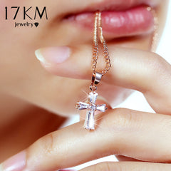 17KM Rose Gold Color Cross Pendant Necklaces For Woman Crystal Pendant Cubic Zirconia Long Necklace Bijoux Jewelry Wholesale