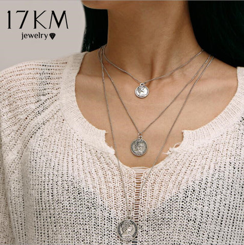 17KM Vintage Multilayer Long Charm Pendant Necklaces For Women Fashion Figure Choker Necklace Gold Silver Color Statement Gifts