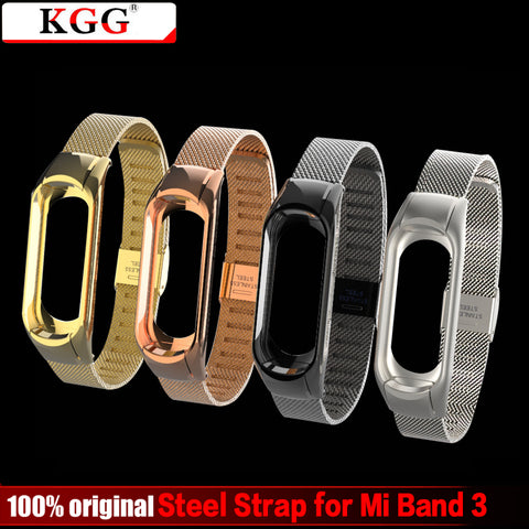 Screwless Metal Strap & Genuine Leather Strap For Original Xiaomi Mi band 3 Steel Strap OLED Display Smart Bracelet Wristbands