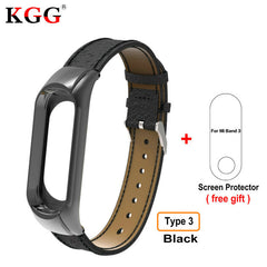 Screwless Metal Strap & Genuine Leather Strap For Original Xiaomi Mi band 3 Steel Strap OLED Display Smart Bracelet Wristbands